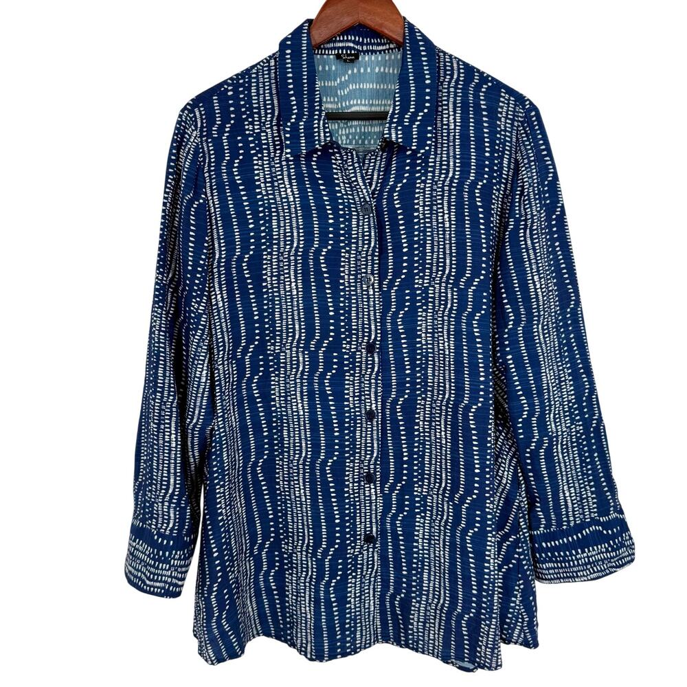 Shana Sz Large Blue White Wearable Art to Wear Blouse Shirt Top Long Sleeve